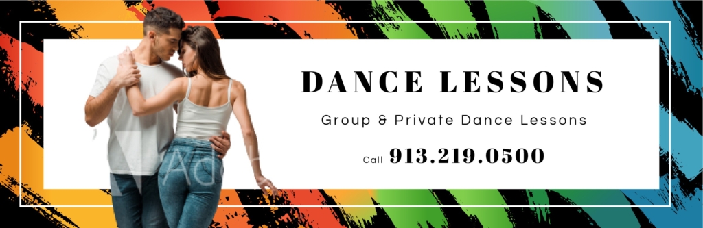 KC Latin Dance Salsa & Bachata Dance Lesson Banner Brush strokes viva colors call to learn more man and woman dancing bachata